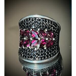 Artisan 925 Silver Black Spinel Rhodolite Garnet Wide Ring Sz 7